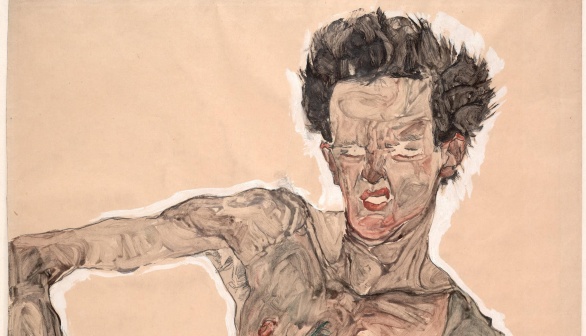 Egon Schiele painting called Nude Self Portrait, Grimacing. London Art Studies. 
